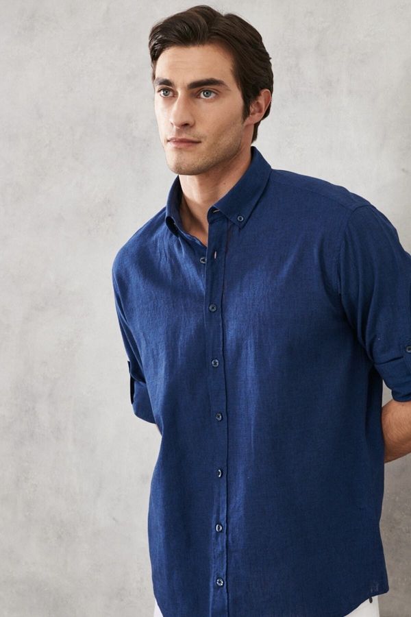 AC&Co / Altınyıldız Classics AC&Co / Altınyıldız Classics Men's Indigo Comfort Fit Relaxed Cut Buttoned Collar Casual Linen Shirt