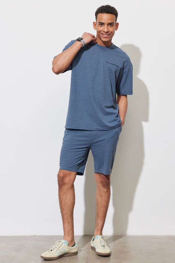 AC&Co / Altınyıldız Classics AC&Co / Altınyıldız Classics Men's Indigo Melange Standard Fit Normal Cut Cotton Comfortable Knitted Shorts.