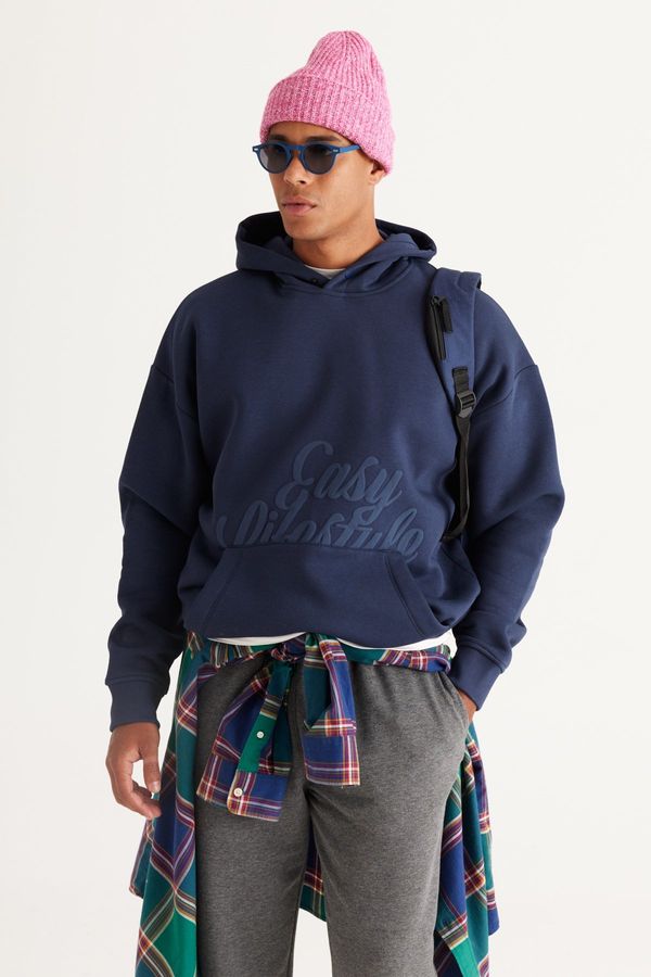 AC&Co / Altınyıldız Classics AC&Co / Altınyıldız Classics Men's Indigo Oversize Fit Loose Cut Hooded 3 Thread Printed Sweatshirt with Fleece Inside