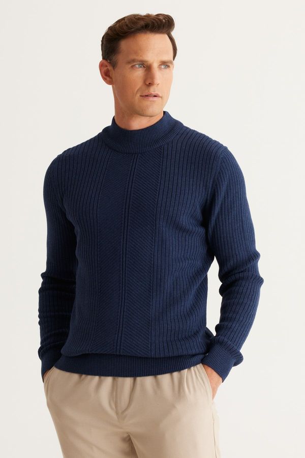 AC&Co / Altınyıldız Classics AC&Co / Altınyıldız Classics Men's Indigo Slim Fit Slim-Fit Cut Half Turtleneck Cotton Jacquard Knitwear Sweater.