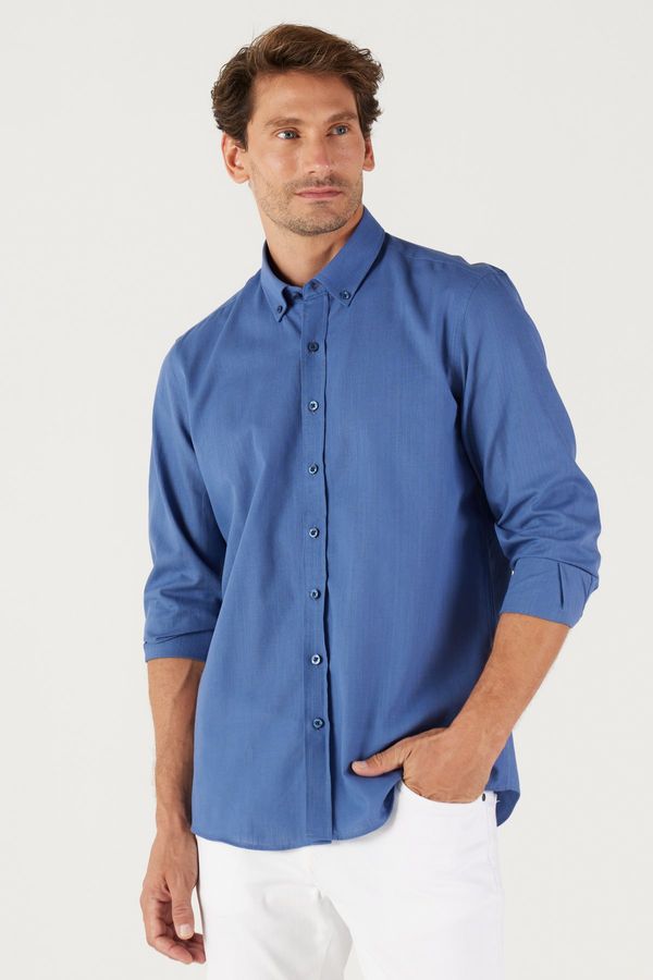 AC&Co / Altınyıldız Classics AC&Co / Altınyıldız Classics Men's Indigo Tailored Slim Fit Buttoned Collar Linen Look 100% Cotton Flamed Shirt