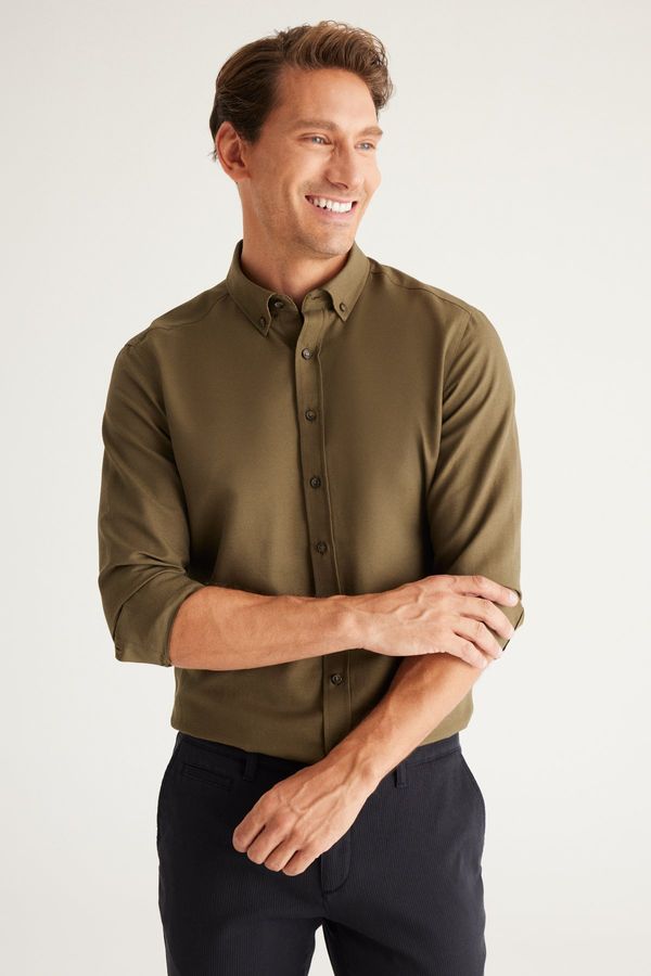 AC&Co / Altınyıldız Classics AC&Co / Altınyıldız Classics Men's Khaki Buttoned Collar Easy to Iron Cotton Slim Fit Slim Fit Oxford Shirt