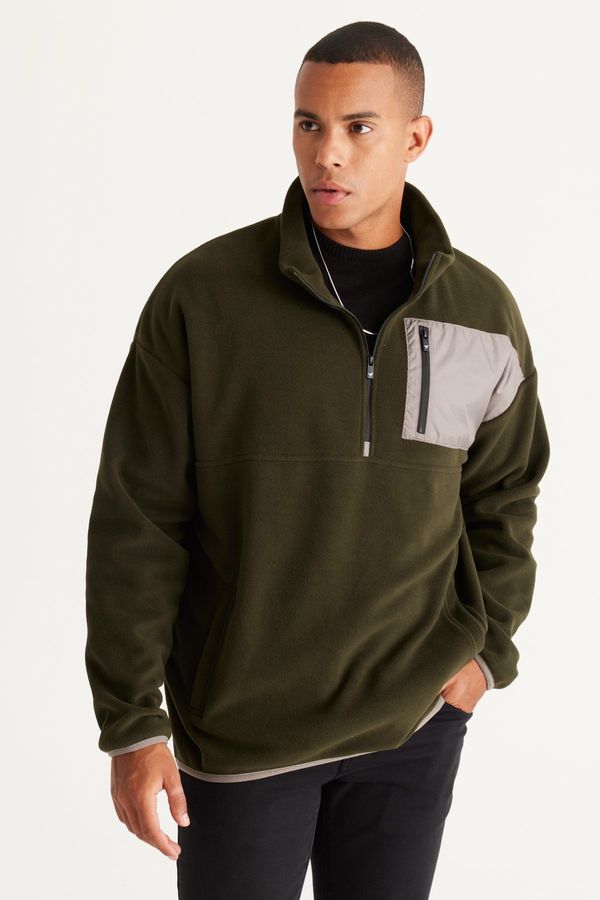 AC&Co / Altınyıldız Classics AC&Co / Altınyıldız Classics Men's Khaki Oversize Wide Cut High Bato Collar Pocket Detailed Zippered Cold Proof Fleece Sweatshirt