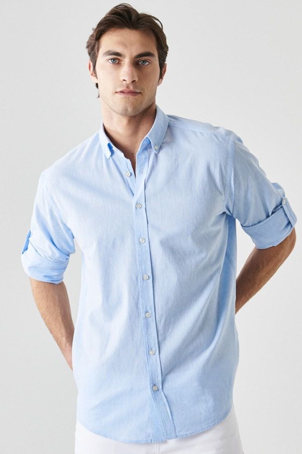 AC&Co / Altınyıldız Classics AC&Co / Altınyıldız Classics Men's Light Blue Comfort Fit Relaxed-Cut Buttoned Collar Casual Linen Shirt.