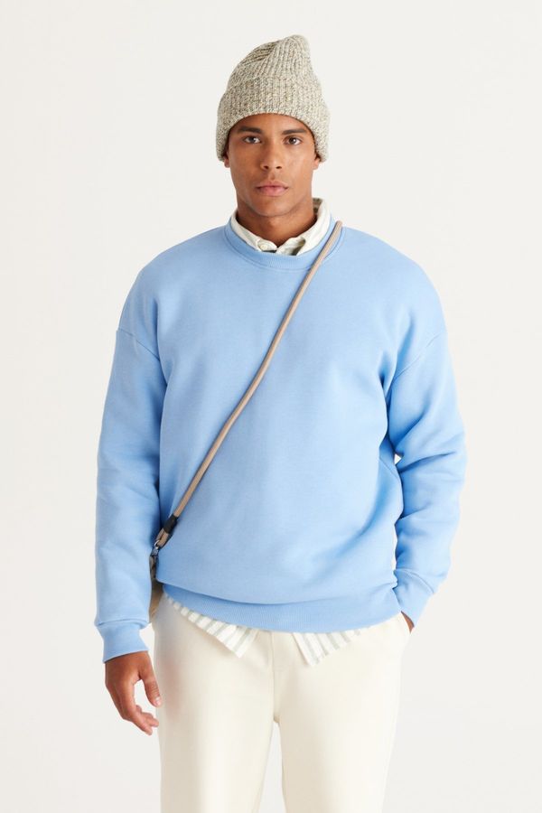 AC&Co / Altınyıldız Classics AC&Co / Altınyıldız Classics Men's Light Blue Oversize Wide-Fit Fleece 3 Thread Crew Neck Cotton Sweatshirt