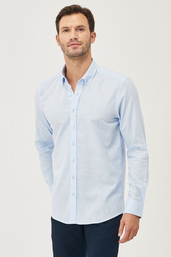 AC&Co / Altınyıldız Classics AC&Co / Altınyıldız Classics Men's Light Blue Tailored Slim Fit Buttoned Collar Linen Look 100% Cotton Flamed Shirt