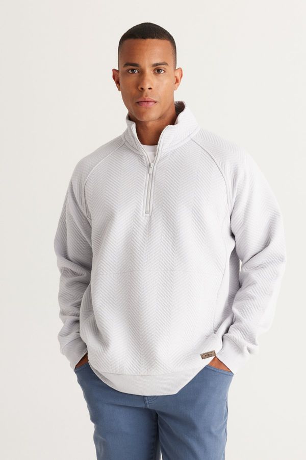 AC&Co / Altınyıldız Classics AC&Co / Altınyıldız Classics Men's Light Gray Loose Fit Stand-Up Bato Collar Inner Fleece 3 Thread Patterned Sweatshirt
