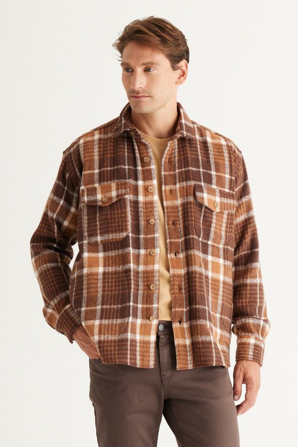 AC&Co / Altınyıldız Classics AC&Co / Altınyıldız Classics Men's Mink-brown Oversize Wide Cut Buttoned Collar Plaid Winter Shirt Jacket