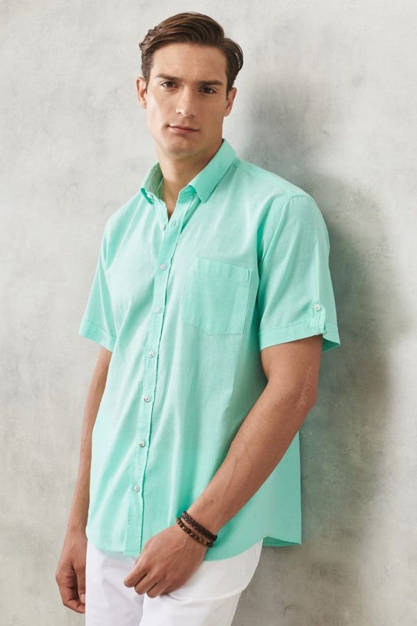 AC&Co / Altınyıldız Classics AC&Co / Altınyıldız Classics Men's Mint Comfort Fit Button-down Collar Linen Look 100% Cotton Flamed Short Sleeve Shirt.
