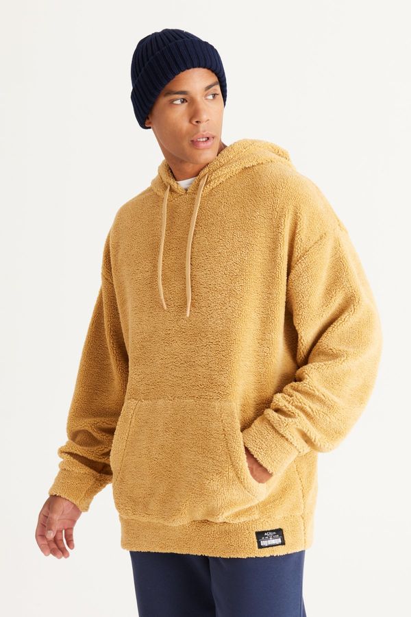 AC&Co / Altınyıldız Classics AC&Co / Altınyıldız Classics Men's Mustard Oversize Wide-Fit Hooded Sherpa Sweatshirt Fleece