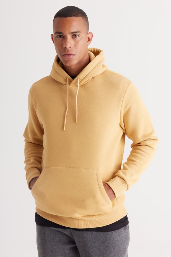 AC&Co / Altınyıldız Classics AC&Co / Altınyıldız Classics Men's Mustard Standard Fit Hoodie with Fleece 3 Threads, Kangaroo Pocket Cotton Sweatshirt.