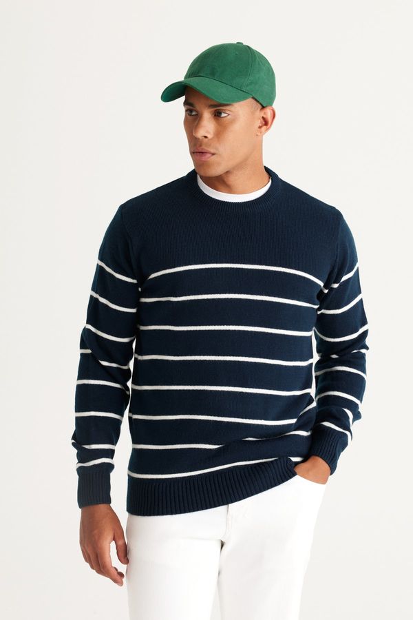 AC&Co / Altınyıldız Classics AC&Co / Altınyıldız Classics Men's Navy Blue-ecru Standard Fit Regular Cut Crew Neck Striped Knitwear Sweater.