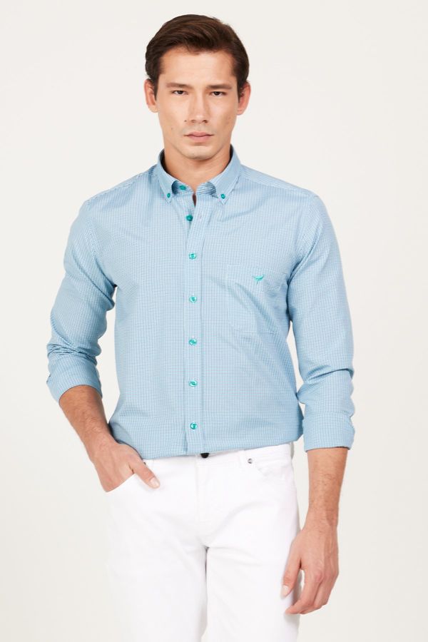 AC&Co / Altınyıldız Classics AC&Co / Altınyıldız Classics Men's Navy Blue-Green Slim Fit Slim Fit Button-down Collar with Logo Pocket Striped Cotton Shirt