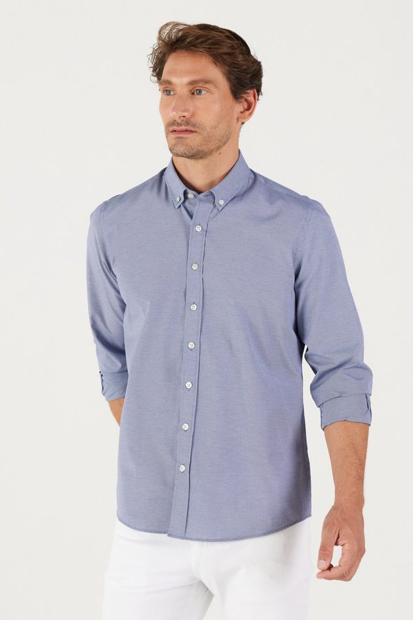 AC&Co / Altınyıldız Classics AC&Co / Altınyıldız Classics Men's Navy Blue Slim Fit Slim Fit Oxford Buttoned Collar Gingham Cotton Shirt.