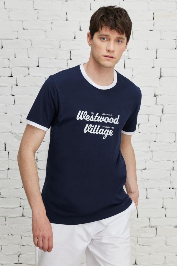 AC&Co / Altınyıldız Classics AC&Co / Altınyıldız Classics Men's Navy Blue Slim Fit T-Shirt with a text print on the front, 100% Cotton.