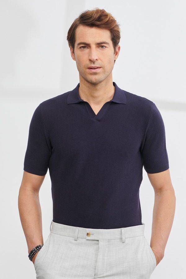 AC&Co / Altınyıldız Classics AC&Co / Altınyıldız Classics Men's Navy Blue Standard Fit Normal Cut Polo Collar 100% Cotton Short Sleeves Knitwear T-Shirt.
