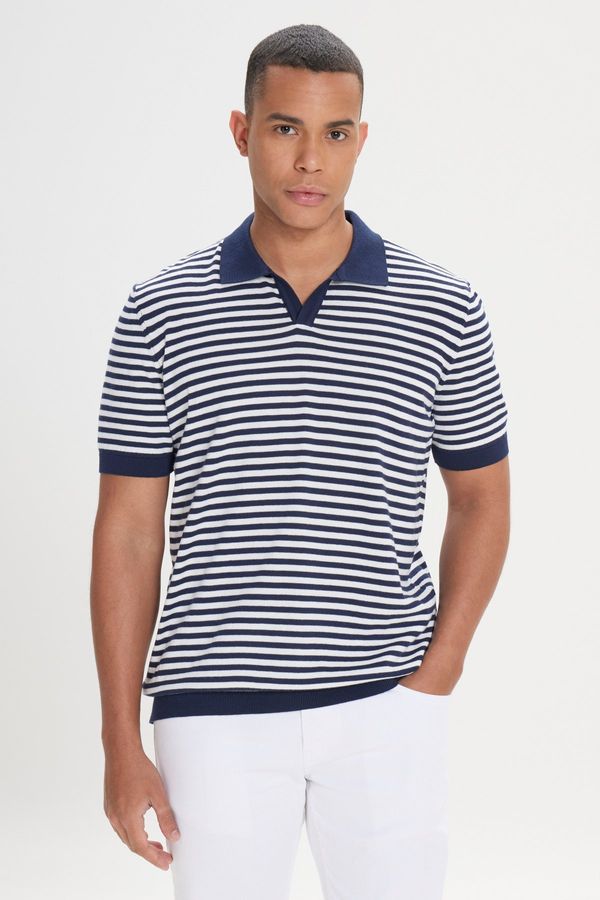 AC&Co / Altınyıldız Classics AC&Co / Altınyıldız Classics Men's Navy Blue-White Standard Fit Regular Cut Polo Neck 100% Cotton Short Sleeves Striped Knitwear T-Shirt.
