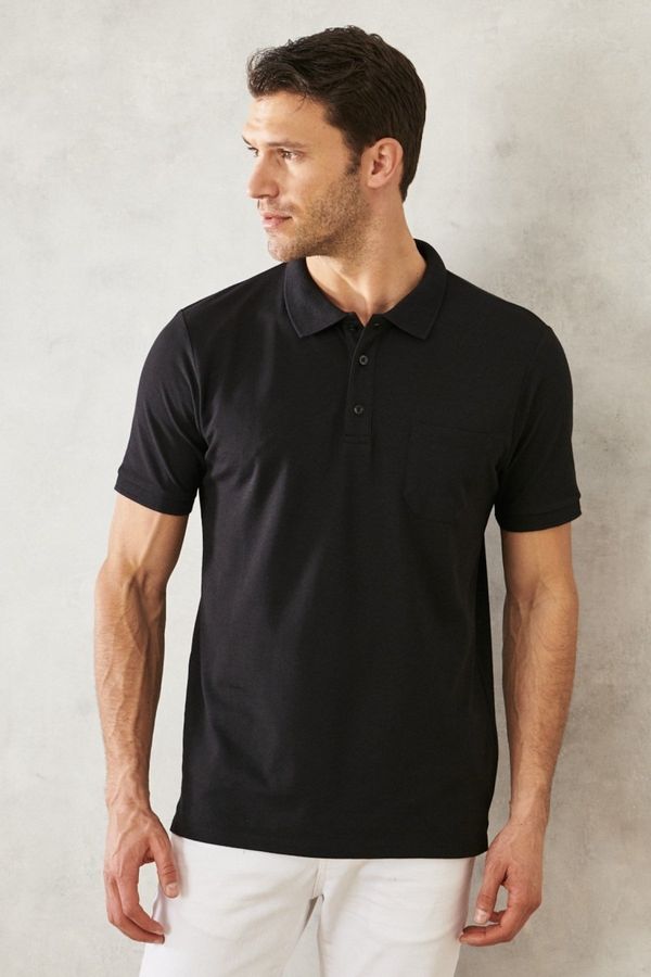 AC&Co / Altınyıldız Classics AC&Co / Altınyıldız Classics Men's Non-Shrink Cotton Fabric Regular Fit Relaxed Cut Dark Black Anti-roll Polo Neck Pocket T-Shirt