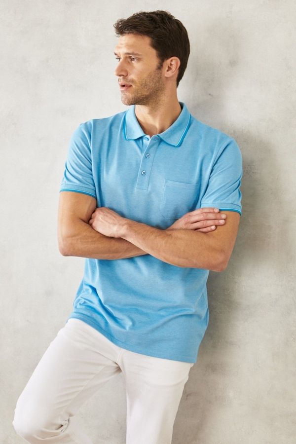 AC&Co / Altınyıldız Classics AC&Co / Altınyıldız Classics Men's Non-Shrink Cotton Fabric Regular Fit Relaxed Fit Blue Roll-Up Polo Neck Pocket T-Shirt
