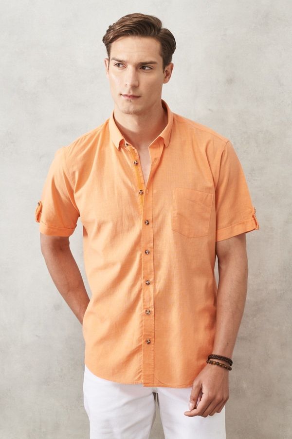 AC&Co / Altınyıldız Classics AC&Co / Altınyıldız Classics Men's Orange Comfort Fit Button-down Collar Linen Look 100% Cotton Short Sleeve Shirt.