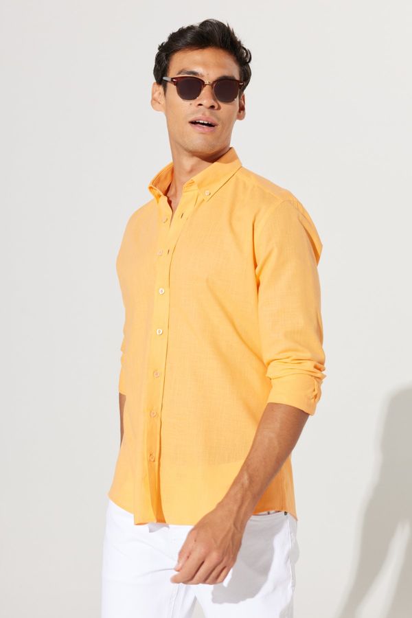 AC&Co / Altınyıldız Classics AC&Co / Altınyıldız Classics Men's Orange Tailored Slim Fit Buttoned Collar Linen Look 100% Cotton Flamed Shirt
