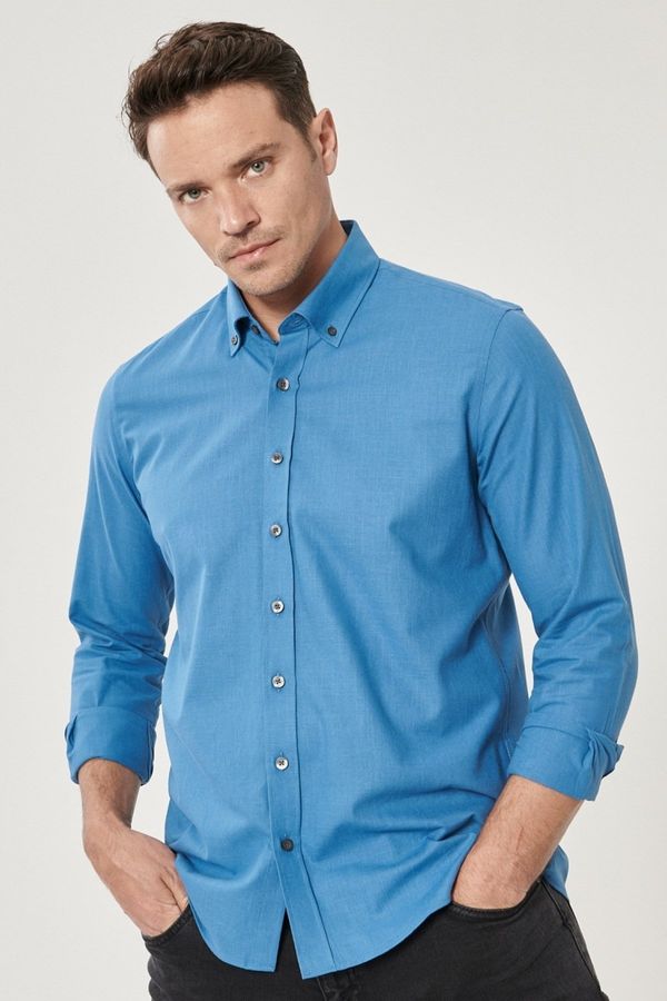 AC&Co / Altınyıldız Classics AC&Co / Altınyıldız Classics Men's Petrol Tailored Slim Fit Buttoned Collar Linen Look 100% Cotton Flamed Shirt