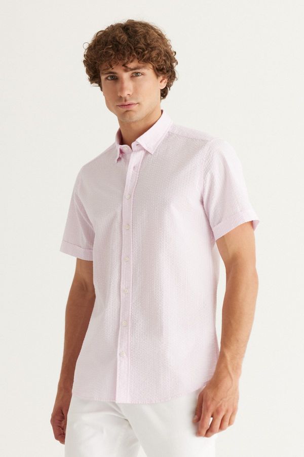 AC&Co / Altınyıldız Classics AC&Co / Altınyıldız Classics Men's Pink Slim Fit Slim Fit Shirt with Hidden Buttons Collar 100% Cotton See-through Pattern Short Sleeve Shirt.