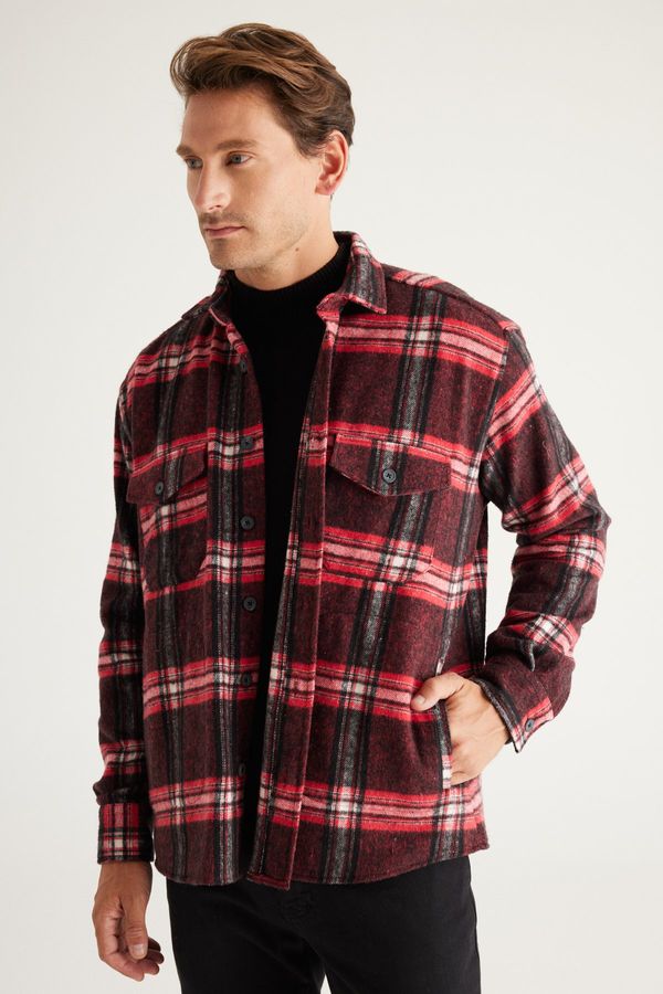 AC&Co / Altınyıldız Classics AC&Co / Altınyıldız Classics Men's Red-black Oversize Wide Cut Buttoned Collar Plaid Lumberjack Winter Shirt Jacket