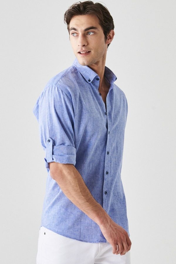 AC&Co / Altınyıldız Classics AC&Co / Altınyıldız Classics Men's Sax-Blue Comfort Fit Relaxed-Cut Buttoned Collar Casual Linen Shirt.