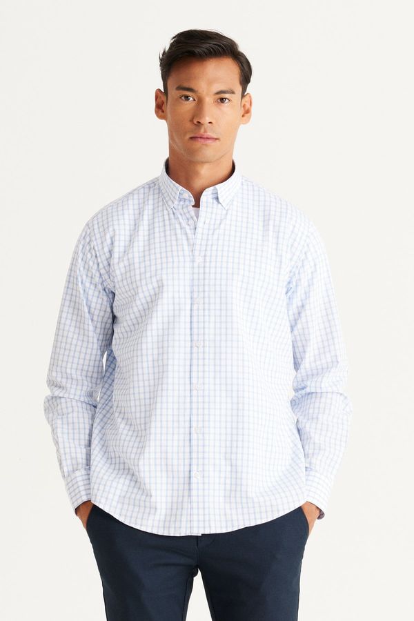AC&Co / Altınyıldız Classics AC&Co / Altınyıldız Classics Men's White-Blue Comfort Fit Comfy Cut Buttoned Collar Cotton Check Shirt.