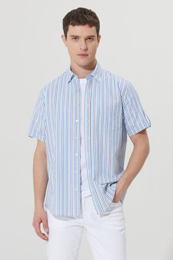 AC&Co / Altınyıldız Classics AC&Co / Altınyıldız Classics Men's White-blue Comfort Fit Comfy Cut. Hidden Button Collar Cotton Striped Shirt.