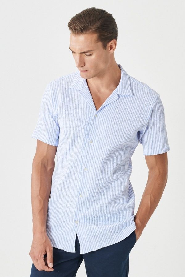 AC&Co / Altınyıldız Classics AC&Co / Altınyıldız Classics Men's White-light Blue Comfort Fit Comfy Cut Monocollar See-through Striped Shirt.
