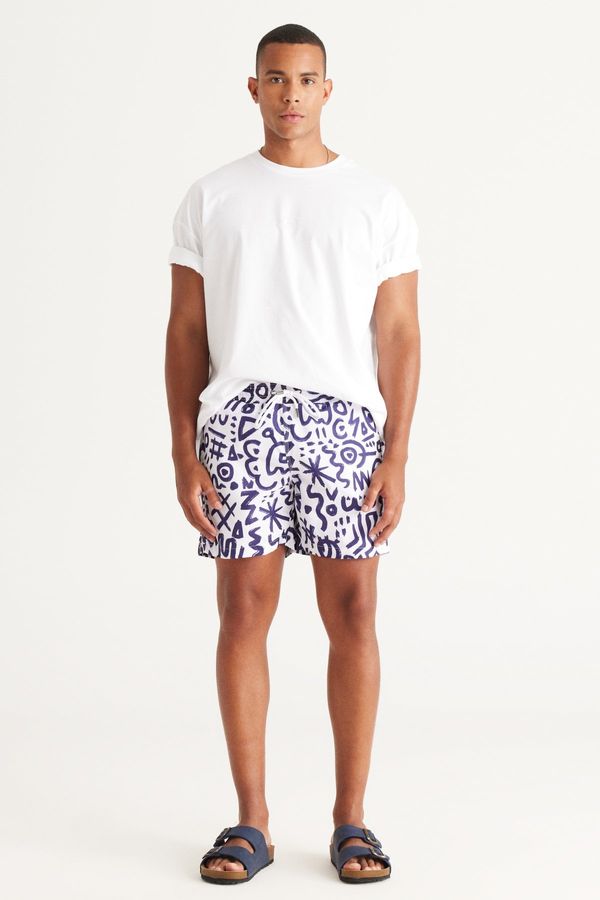 AC&Co / Altınyıldız Classics AC&Co / Altınyıldız Classics Men's White-Navy Blue Standard Fit Regular Fit Quick Dry Side Pocket Patterned Swimwear Marine Shorts