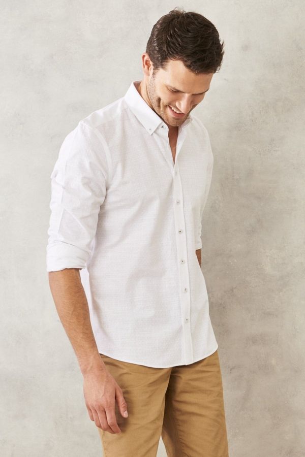 AC&Co / Altınyıldız Classics AC&Co / Altınyıldız Classics Men's White Slim Fit Narrow Cut 100% Cotton Dobby Button Collar Casual Shirt