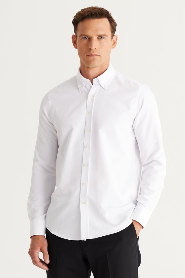 AC&Co / Altınyıldız Classics AC&Co / Altınyıldız Classics Men's White Slim Fit Slim-fit Oxford Long Button Down Collar Dobby Shirt