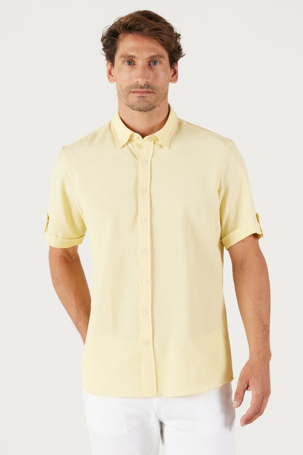 AC&Co / Altınyıldız Classics AC&Co / Altınyıldız Classics Men's Yellow Slim Fit Slim Fit Hidden Button Collar Short Sleeve Shirt