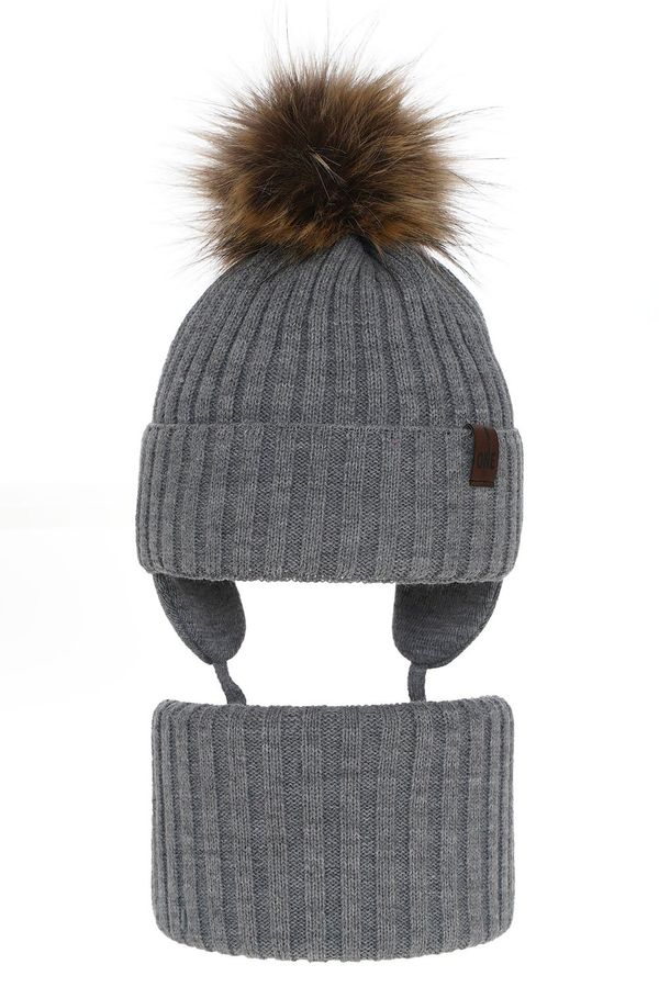 AGBO AGBO Boy's winter set: hat and tube scarf grey Puzel with pompom