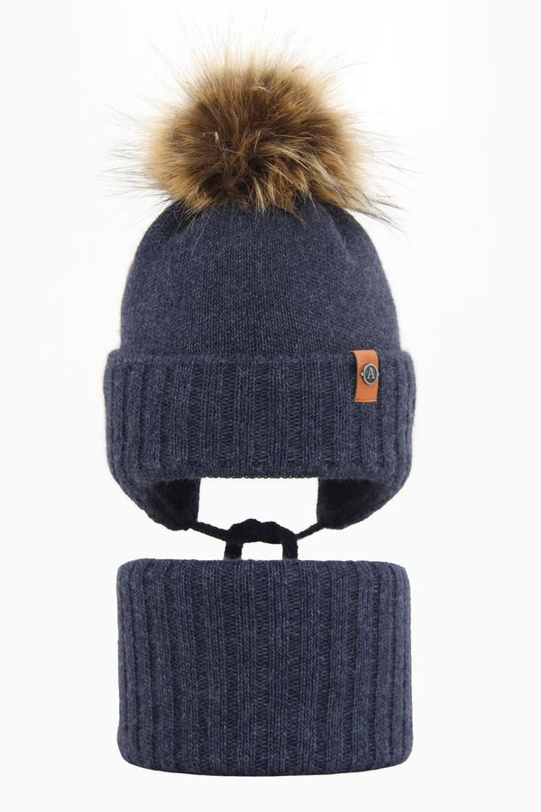 AGBO AGBO Boy's winter set: hat and tube scarf navy blue Dominik with pompom