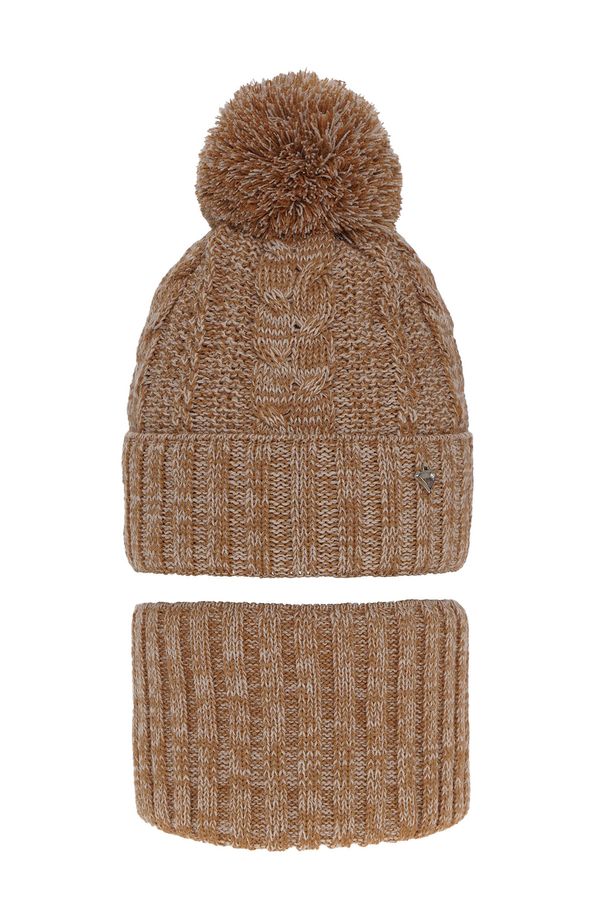 AGBO AGBO Girl's winter set: hat and tube scarf brown Maroko with pompom