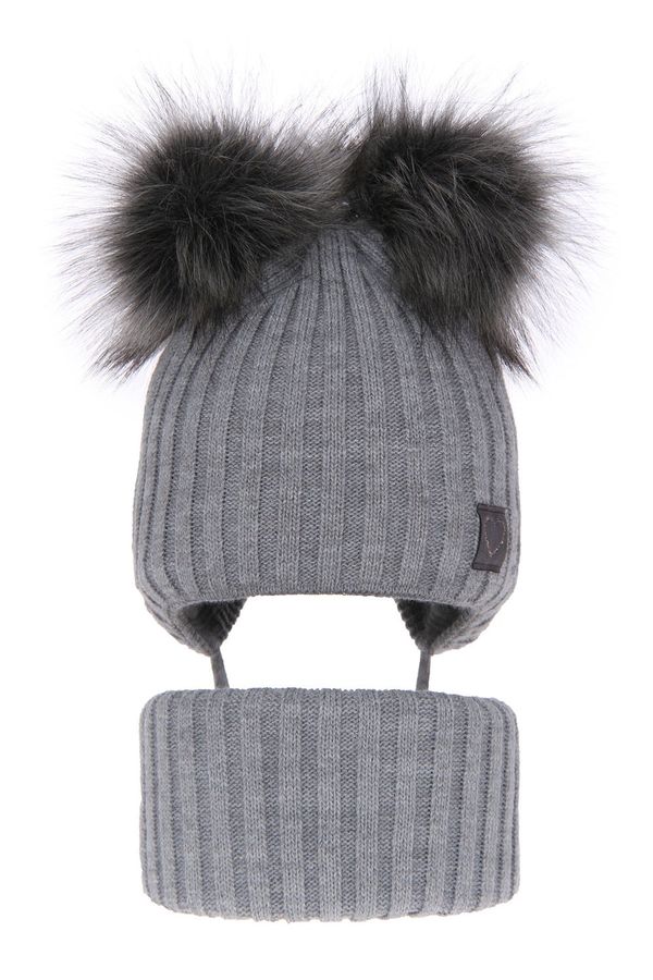 AGBO AGBO Girl's winter set: hat and tube scarf grey Telisa with two pompom