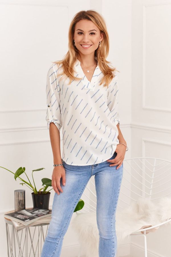 FASARDI Airy shirt blouse with cream and blue patterns