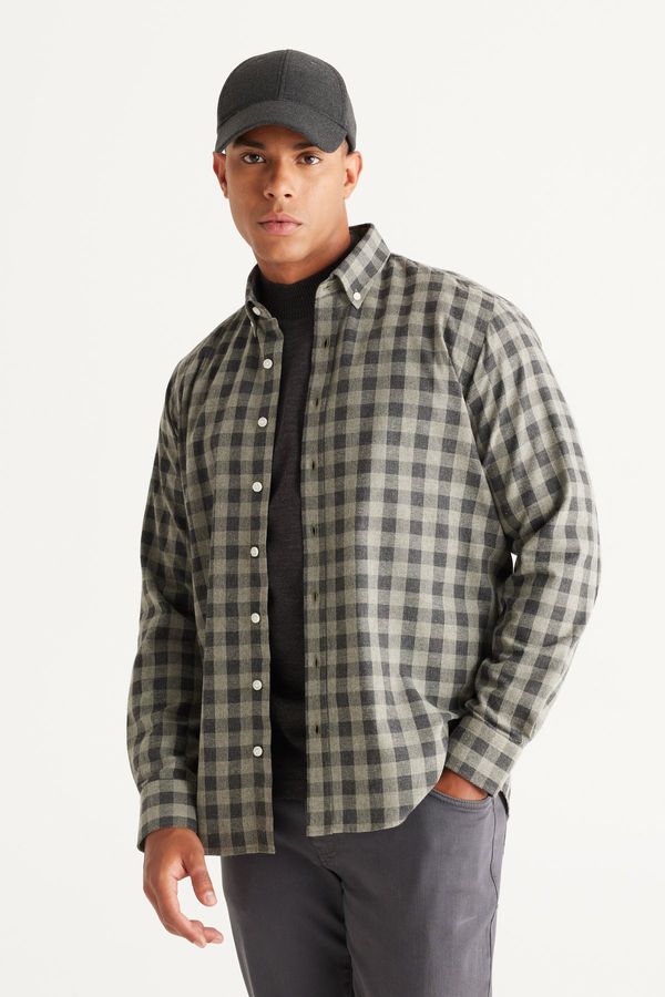 ALTINYILDIZ CLASSICS ALTINYILDIZ CLASSICS Men's Anthracite-Green Comfort Fit Relaxed Cut Buttoned Collar Plaid Shirt