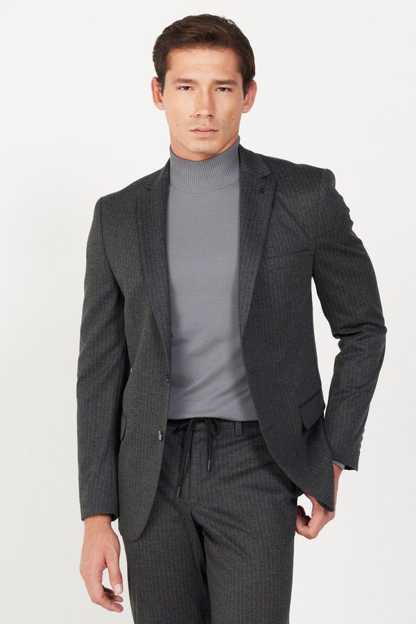 ALTINYILDIZ CLASSICS ALTINYILDIZ CLASSICS Men's Anthracite Slim Fit Slim Fit Mono Collar Striped Suit
