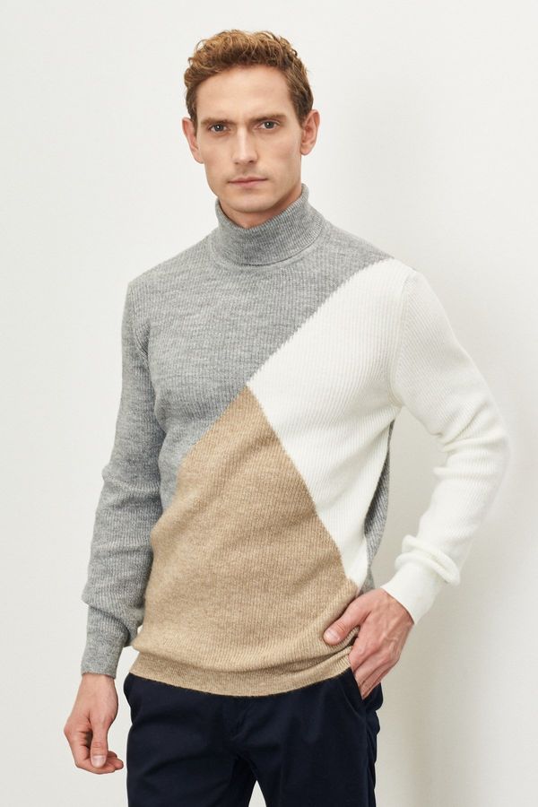 ALTINYILDIZ CLASSICS ALTINYILDIZ CLASSICS Men's Beige-gray Standard Fit Regular Fit Full Turtleneck Raised Soft Textured Knitwear Sweater