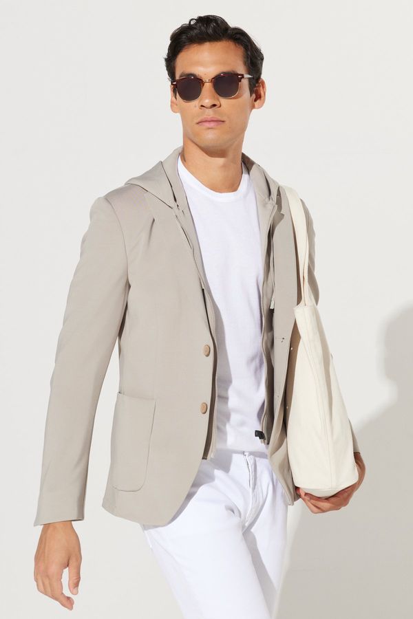 ALTINYILDIZ CLASSICS ALTINYILDIZ CLASSICS Men's Beige Slim Fit Slim Fit Mono Collar Cotton Patterned Blazer Jacket