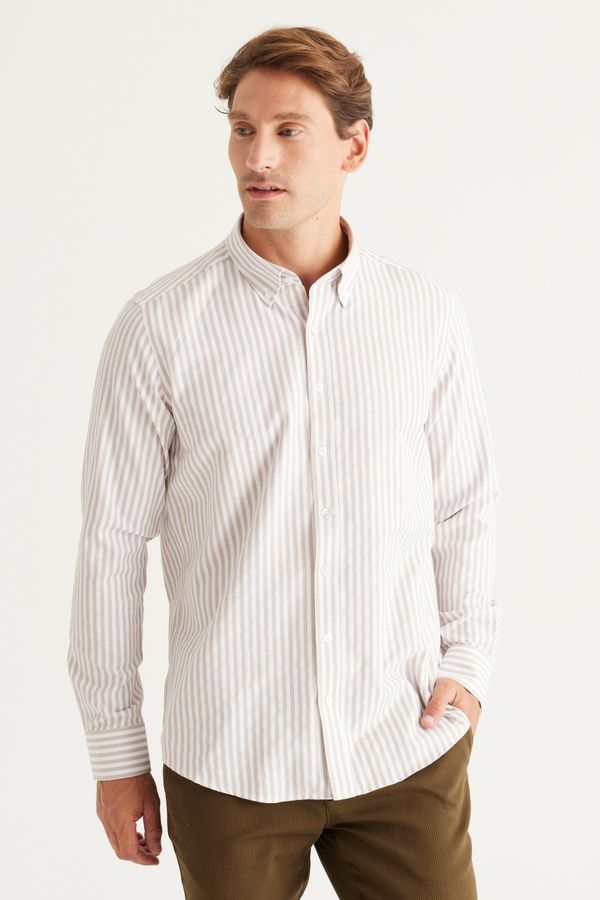ALTINYILDIZ CLASSICS ALTINYILDIZ CLASSICS Men's Beige-White Slim Fit Slim Fit Button-down Collar Cotton Striped Shirt