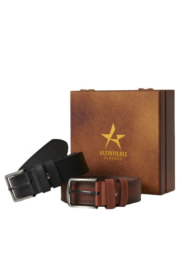 ALTINYILDIZ CLASSICS ALTINYILDIZ CLASSICS Men's Black-Brown Jeans Belt Set of 2 with Special Wooden Gift Box Groom's Pack