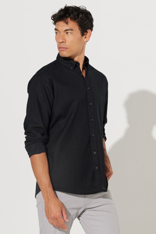 ALTINYILDIZ CLASSICS ALTINYILDIZ CLASSICS Men's Black Comfort Fit Comfy Cut Buttoned Collar Linen Shirt.