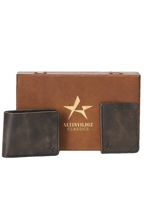 ALTINYILDIZ CLASSICS ALTINYILDIZ CLASSICS Men's Black Handmade 100% Leather Wallet - Card Holder Set