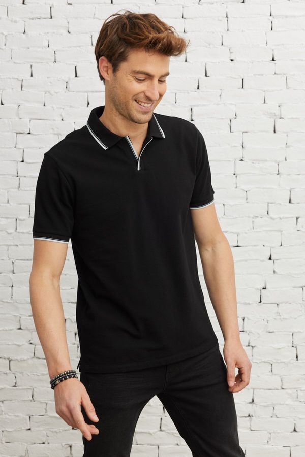 ALTINYILDIZ CLASSICS ALTINYILDIZ CLASSICS Men's Black Slim Fit Slim Fit Polo Neck 100% Cotton Short Sleeve T-Shirt